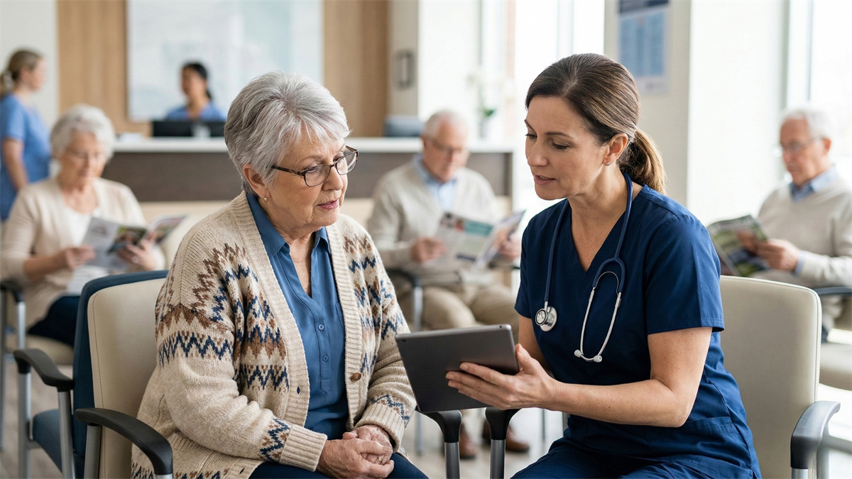 Elderly patient reviewing tablet with nurse in clinic waiting room, symbolizing rising healthcare demand from aging