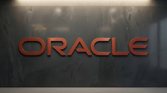 Oracle Corporation logo displayed in red lettering mounted on a dark stone wall.