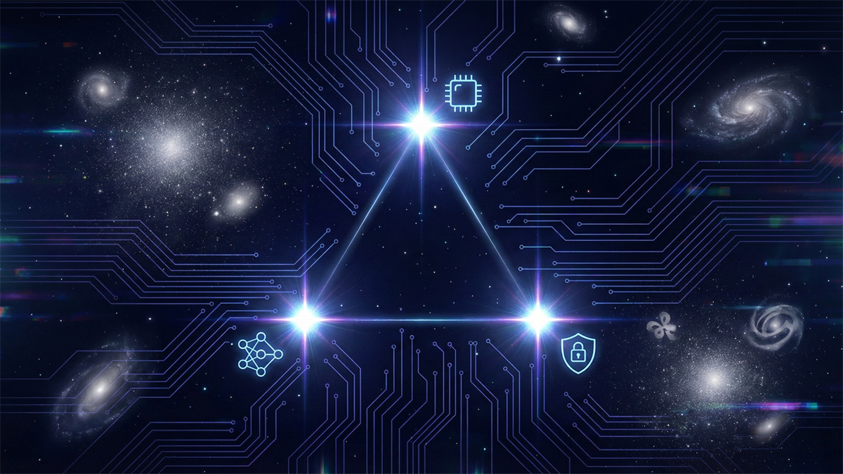 A cosmic triangle made of glowing nodes and circuit-like lines, blending galaxies with icons for chips, AI, and security.