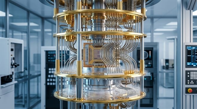 A close-up of a gold and silver quantum computer cryostat in a modern laboratory.