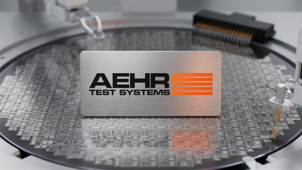 Aehr Test Systems logo displayed on a metal plaque above a semiconductor wafer inside a chip testing machine.
