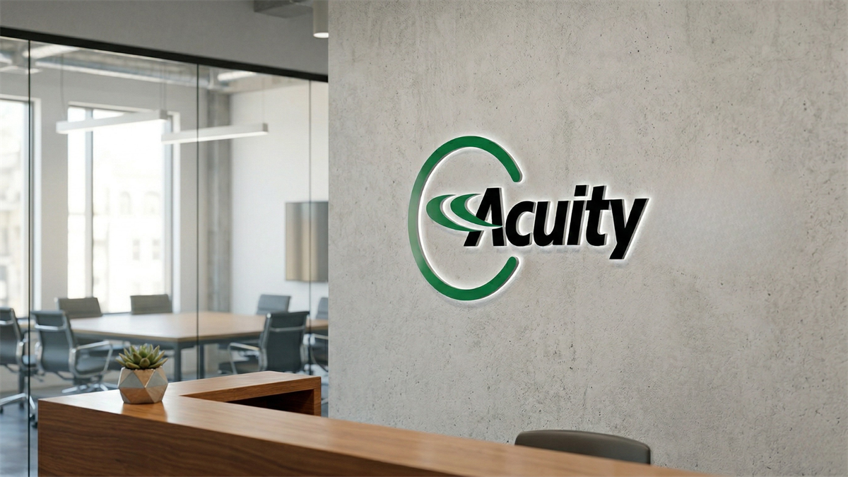 Modern office lobby with Acuity logo on wall, reflecting smart building technology and corporate lighting solutions.