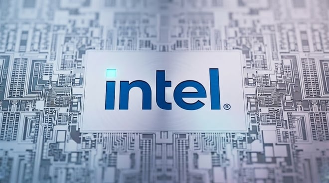 The Intel logo centered on a metallic microchip circuit board.