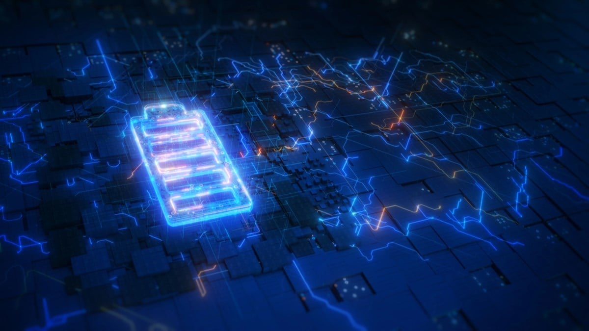 Green renewable energy battery storage future, Battery to electric cars and mobile devices with clean electricity, Technology battery high power electric energy, Technology digital background 3d rendering — Photo