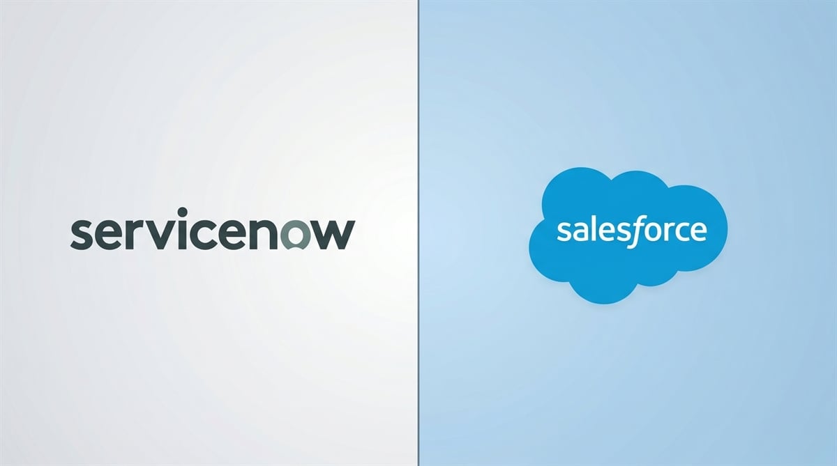 Side-by-side logos of ServiceNow and Salesforce on light gray and blue backgrounds.