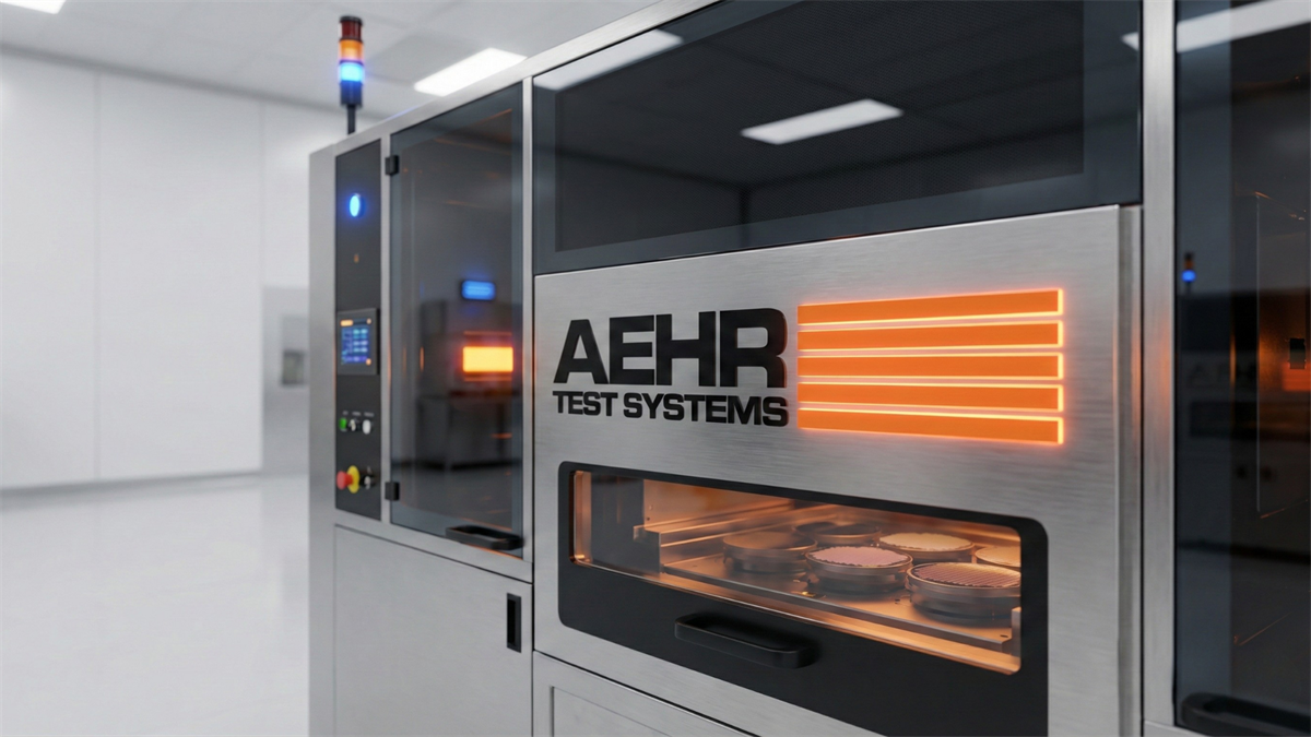 Aehr Test Systems semiconductor burn-in rack with wafers inside, signaling AI chip testing demand.