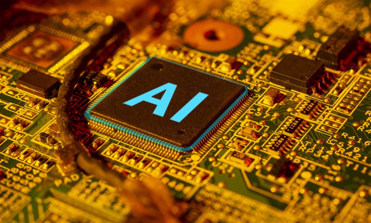 Artificial Intelligence concept on closeup computer chip.