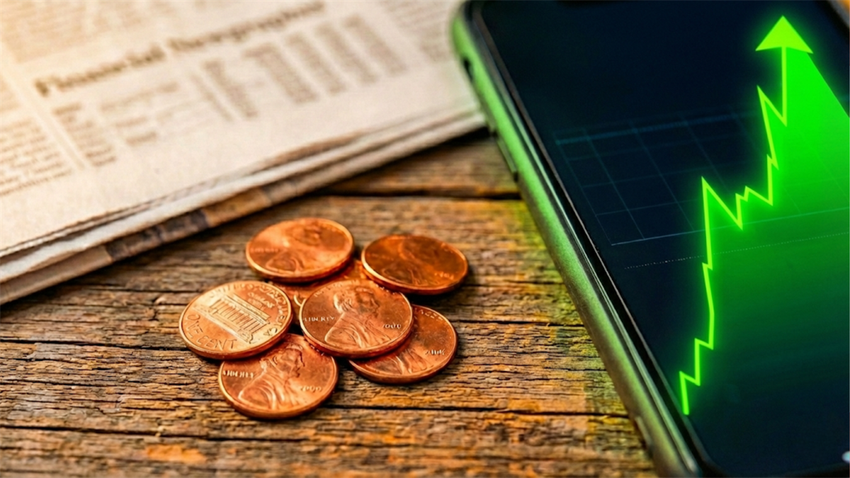 Penny coins beside a smartphone with rising green chart.