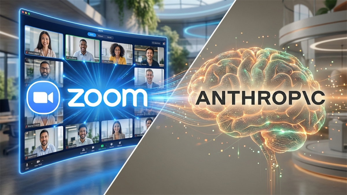 Split image shows Zoom video meeting screen and Anthropic AI brain graphic, spotlighting Zoom’s AI strategy.