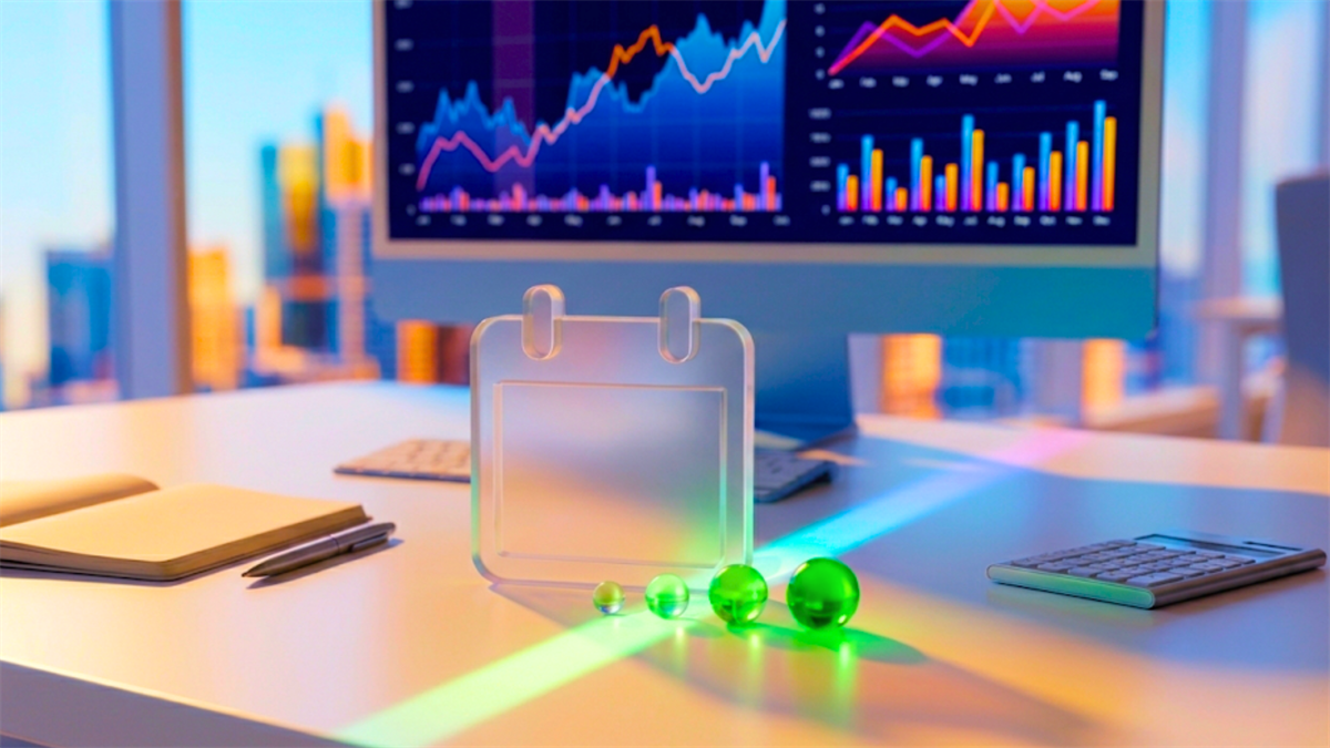 Glass desk display with green indicators before market charts reflects shifting analyst expectations.