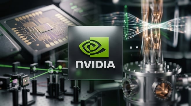 A photorealistic NVIDIA logo centered against a blurred quantum computing background.