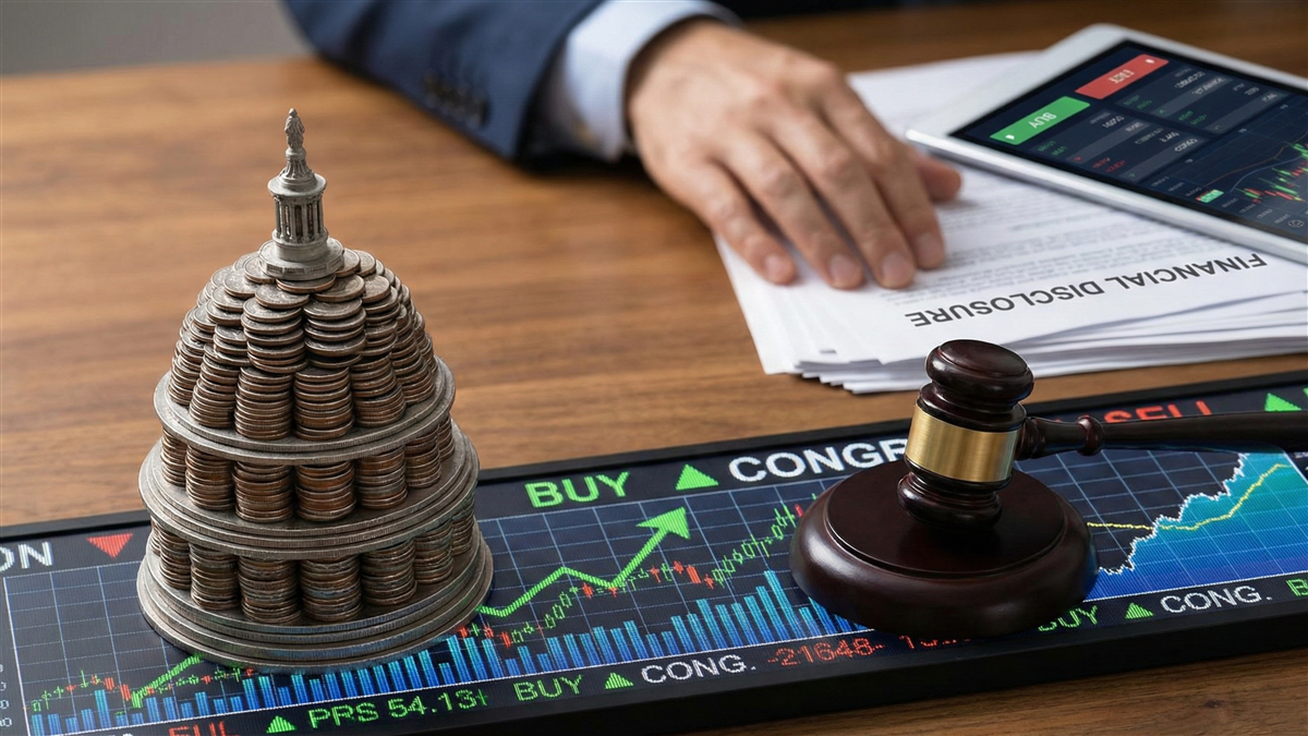 US Capitol coin model and gavel on a stock market ticker.