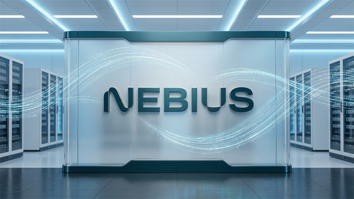 Modern AI data center interior with rows of high-performance servers and a central glass panel displaying the Nebius brand, representing AI cloud infrastructure and computing power.