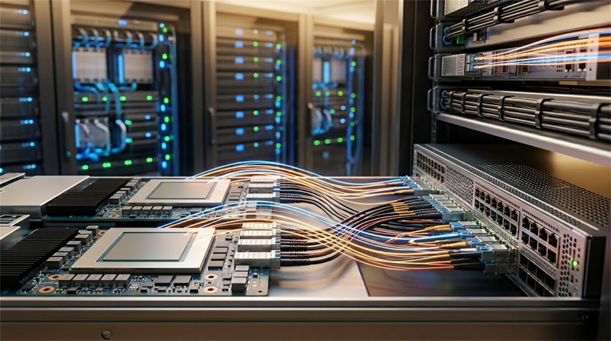 Server hardware with multiple processors and high-density cables inside a data center facility.
