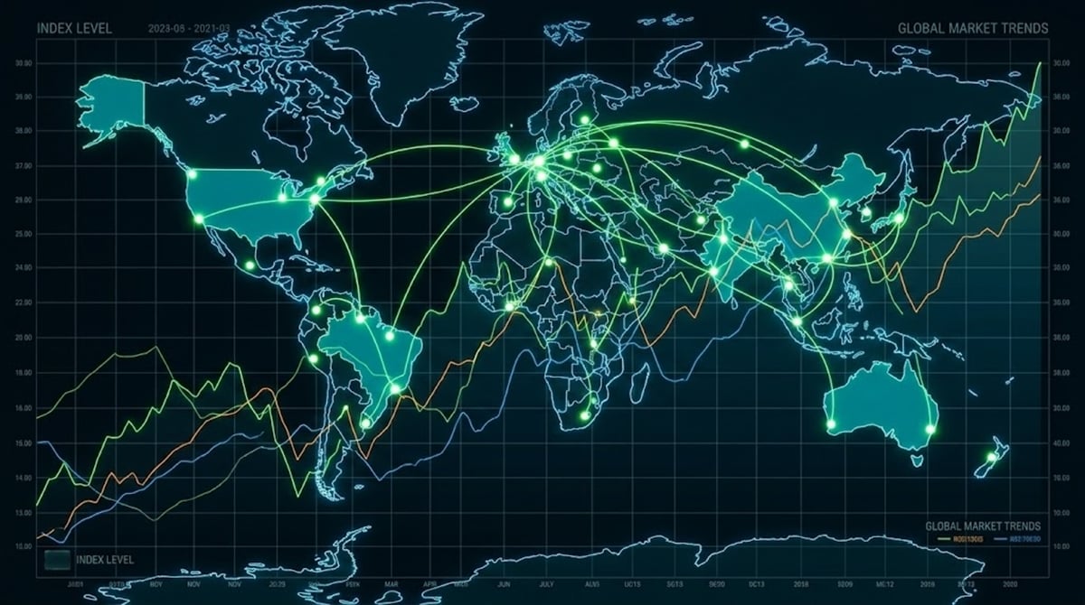 Illustrated world map showing global market trends with interconnected data lines and index level charts.