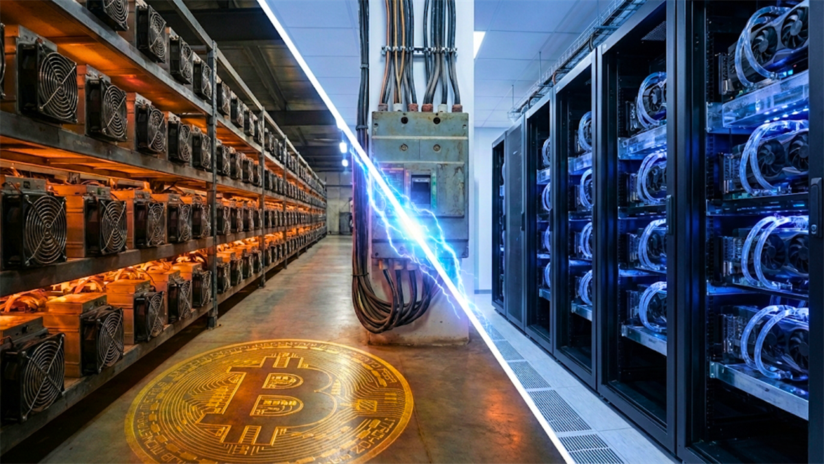 Bitcoin mining rigs and data center GPUs highlight crypto hashpower, energy costs, and AI compute demand.
