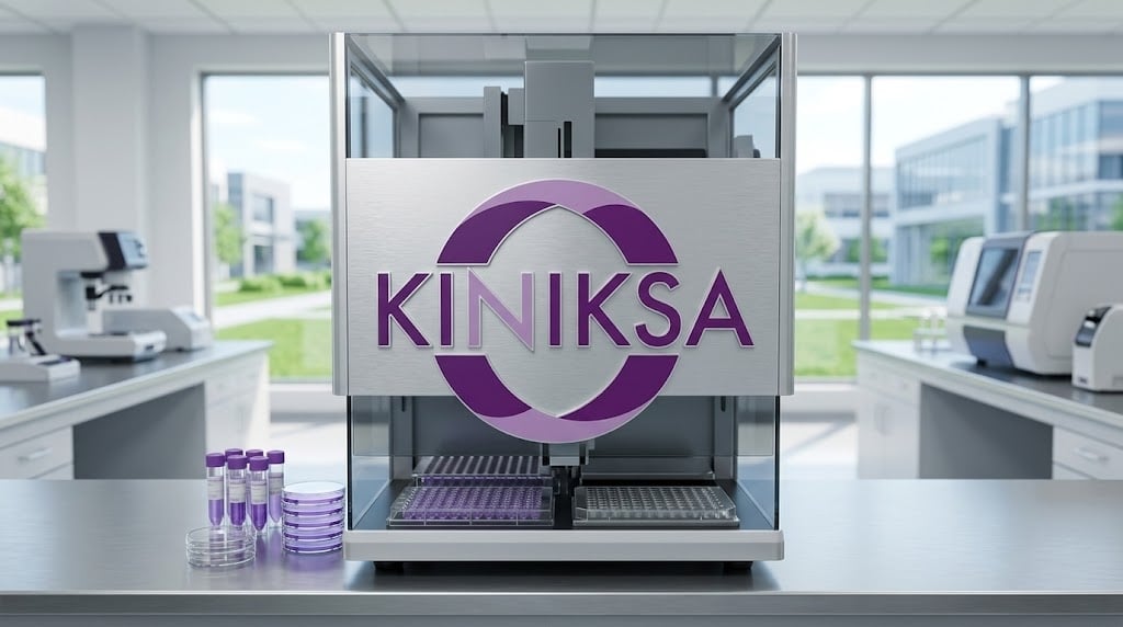 Kiniksa Pharmaceuticals logo displayed on laboratory equipment surrounded by vials and petri dishes.