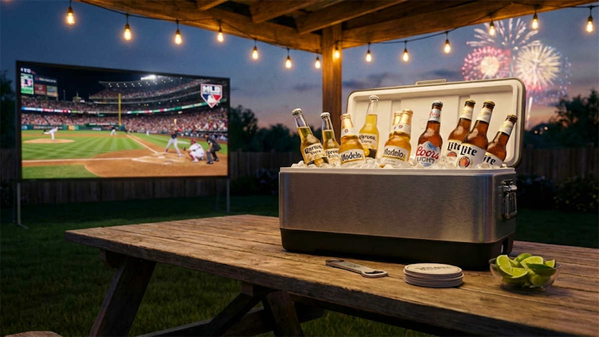 Cooler of beer brands on a picnic table during a televised game with fireworks, highlighting strong beverage demand.