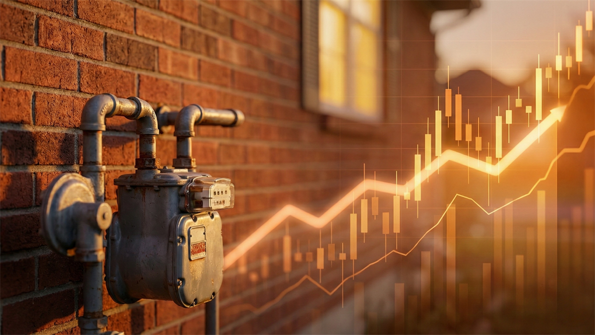 Gas meter affixed to residential home, with an incorporated rising stock chart symbolizing a positive forecast for utilities due to sector inflation.