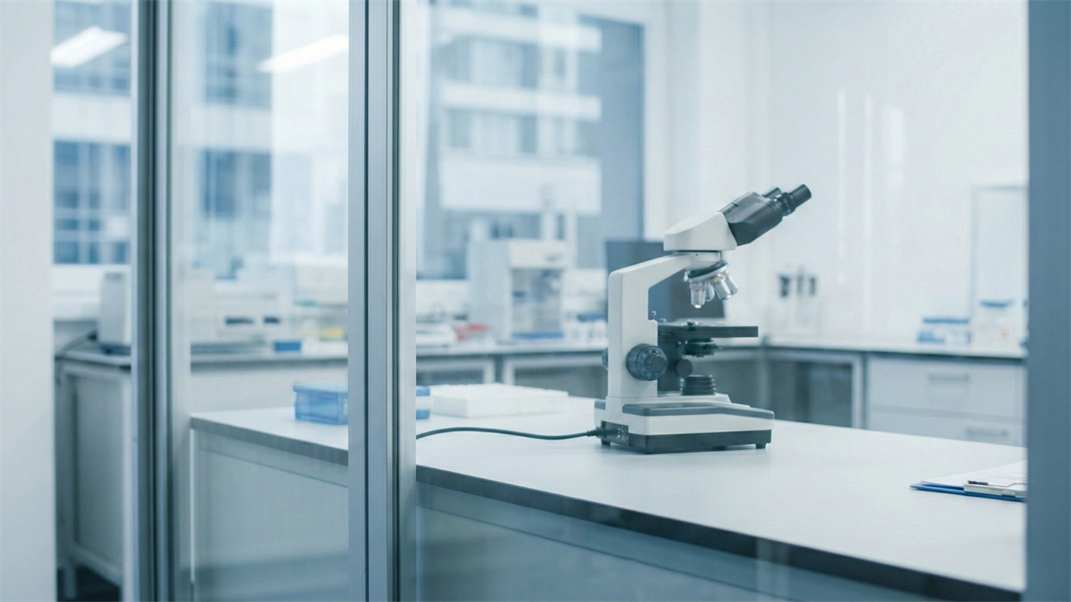 Modern clinical lab with a microscope on a clean bench, suggesting AstraZeneca oncology research and drug pipeline.