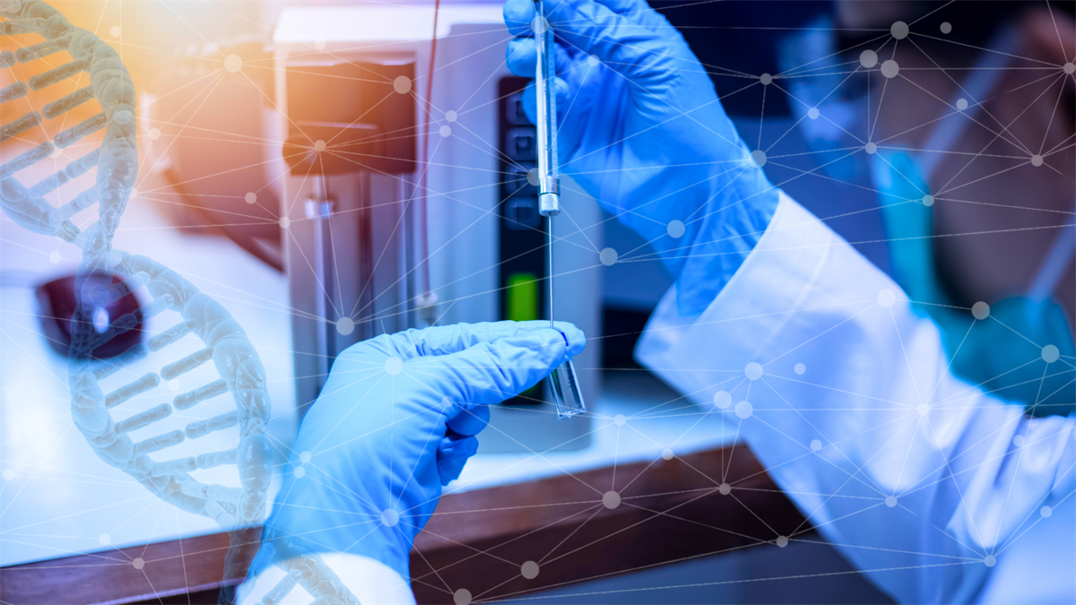 A gloved scientist handles a syringe vial in a biotech lab with DNA overlay.