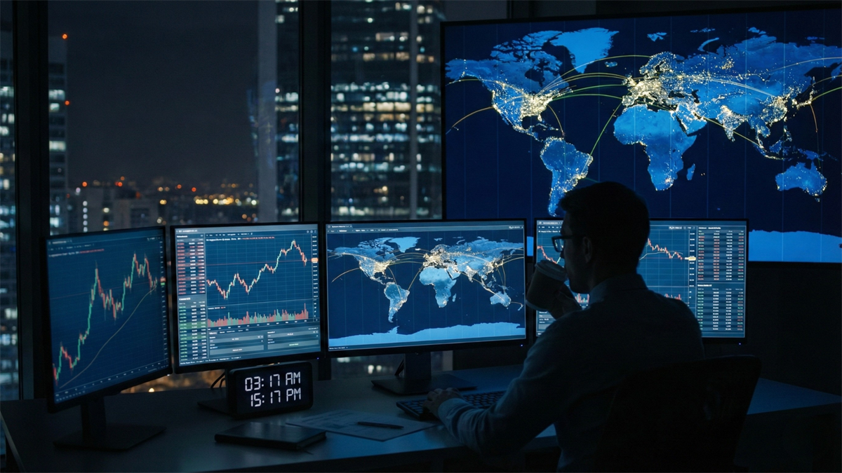 Overnight global markets trader monitoring multiple screens and world map, highlighting 24/7 trading infrastructure.