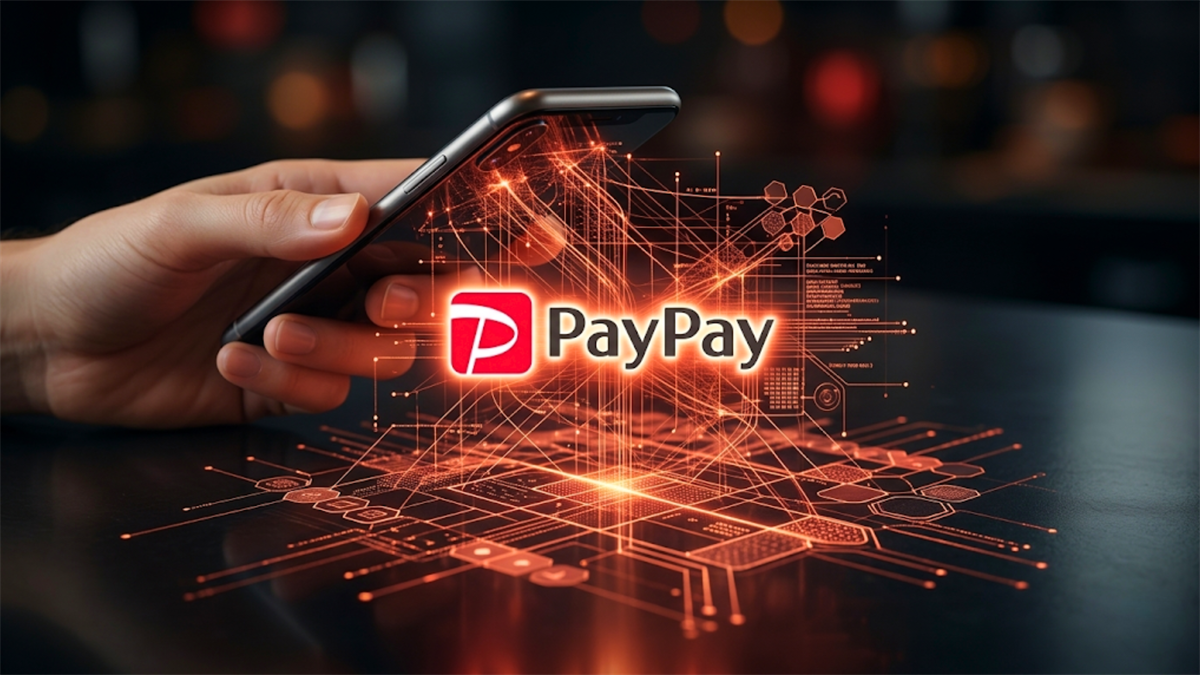 Hand holds smartphone with PayPay logo hologram.