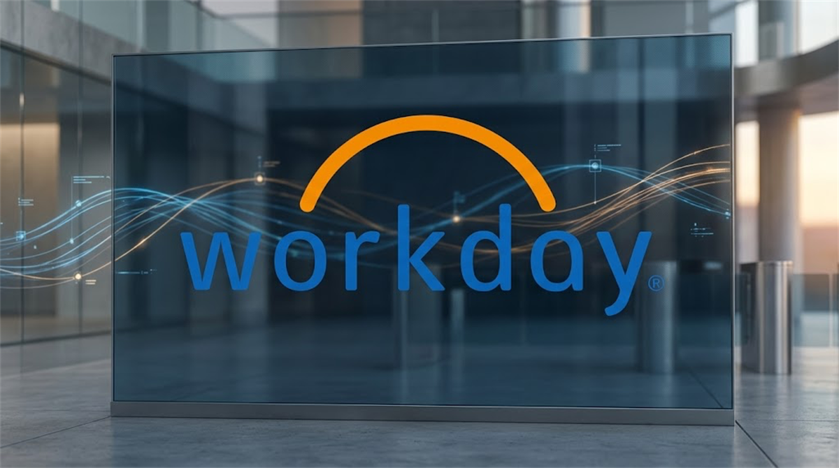 Workday logo displayed on a glass panel in a modern corporate office building lobby.