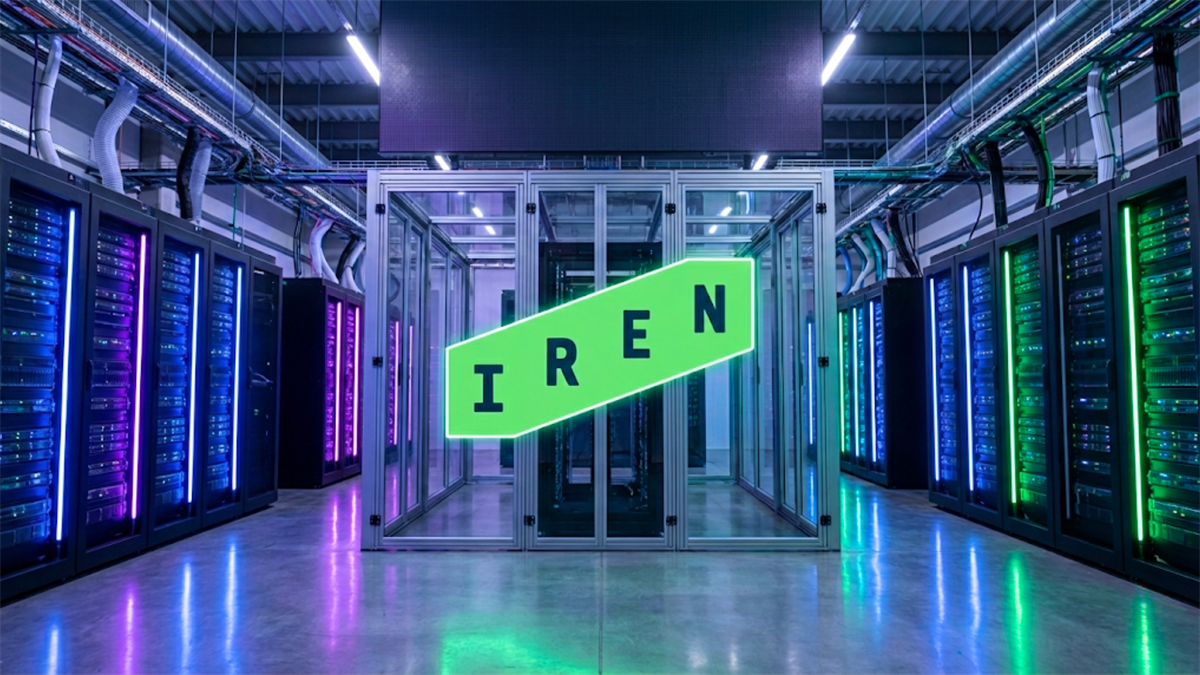 IREN logo in a data center aisle of server racks, highlighting crypto mining operations and AI compute expansion.
