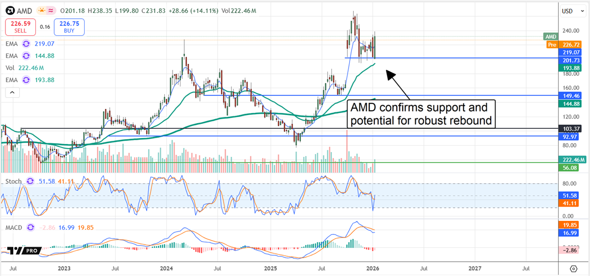 AMD's stock chart, displayed a confirmation of support and the setup for a robust rebound.