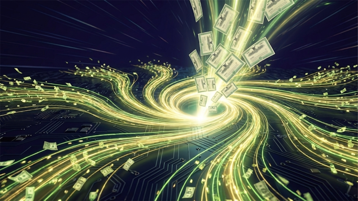 Data streams swirl into a glowing center as dollar bills rise upward, symbolizing accelerating revenue and cash flow.