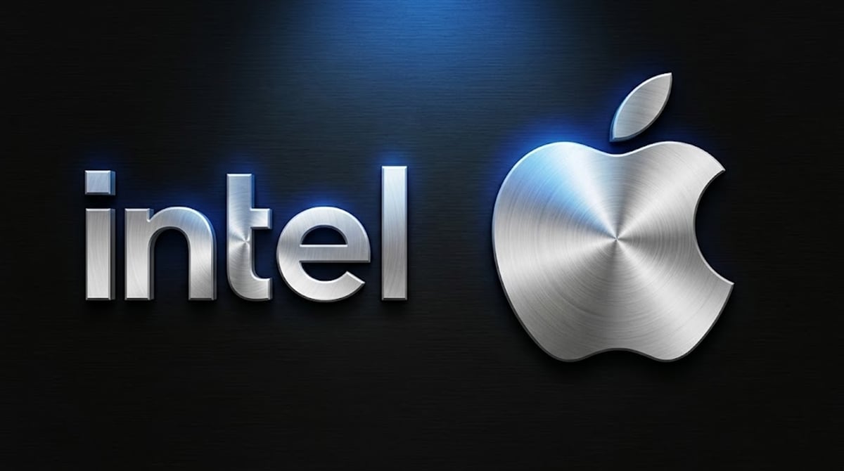 Intel and Apple logos displayed together against a dark metallic background.