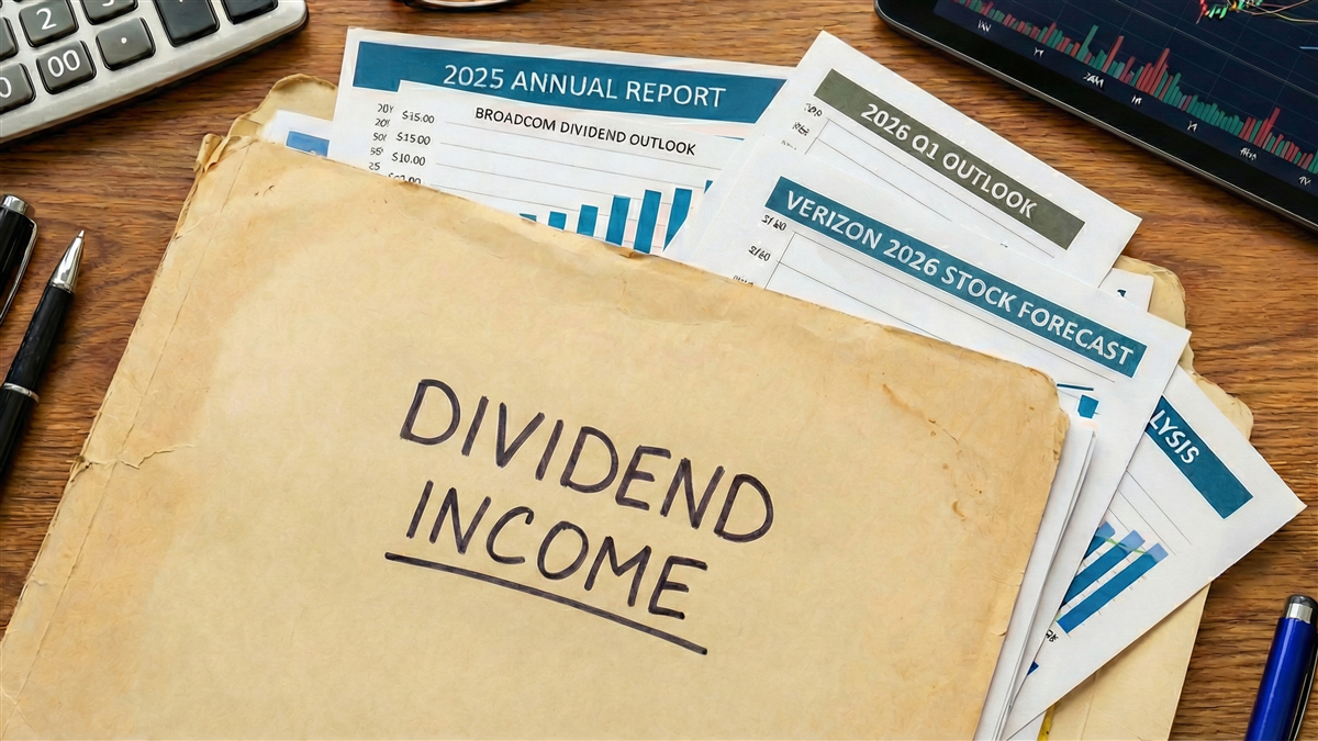 Dividend-income folder surrounded by reports and stock charts emphasizes long-term yield planning and payout forecasts.