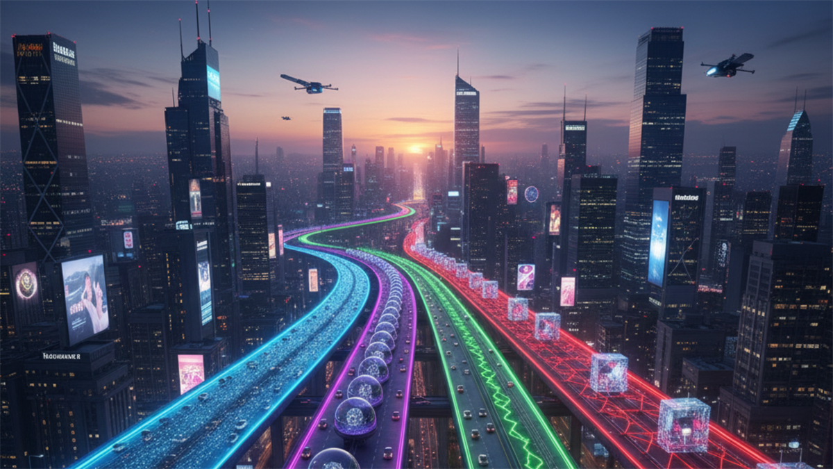A futuristic cityscape with glowing, multi-lane data highways—styled to symbolize the complexity of quantum computing.