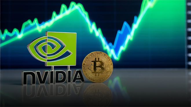 An NVIDIA logo and a Bitcoin on a reflective surface in front of an upward-trending green and blue stock market chart.