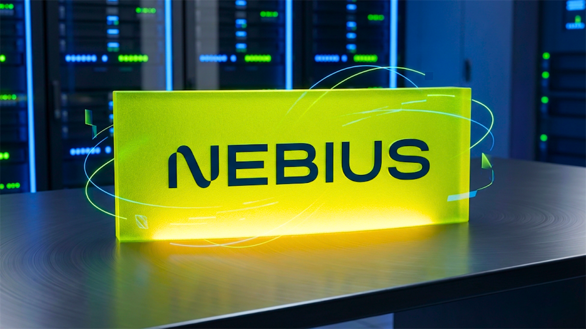 Nebius logo on a glowing sign, highlighting AI cloud infrastructure buildout and data center stock momentum.