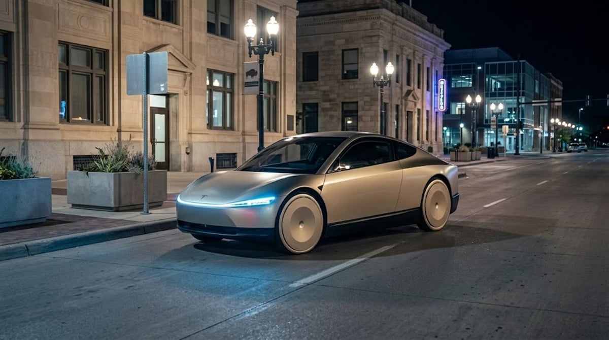 A Tesla electric vehicle with a sleek, futuristic design parked on a city street at night.