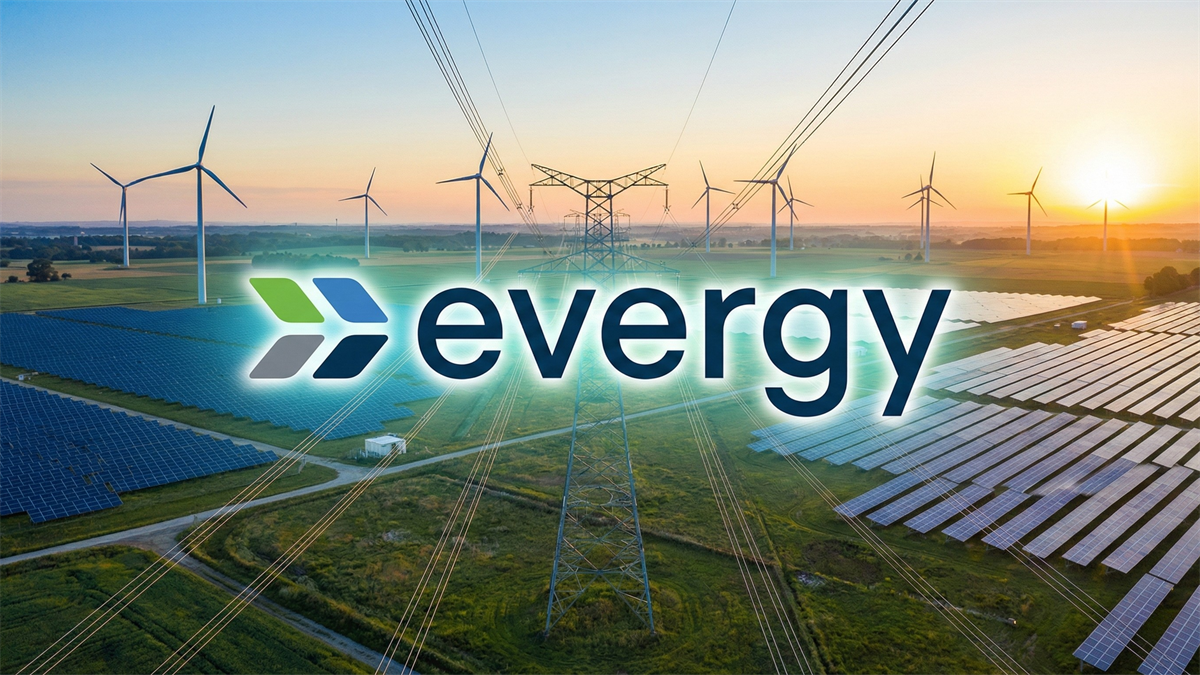 Evergy logo over a renewable-energy landscape with solar panels, wind turbines, and power lines.