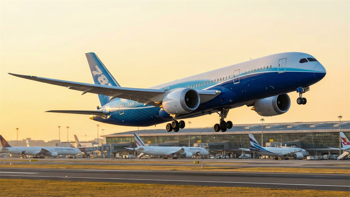 Commercial jet taking off at sunrise over a busy airport, symbolizing airline stocks and cash flow rebound.