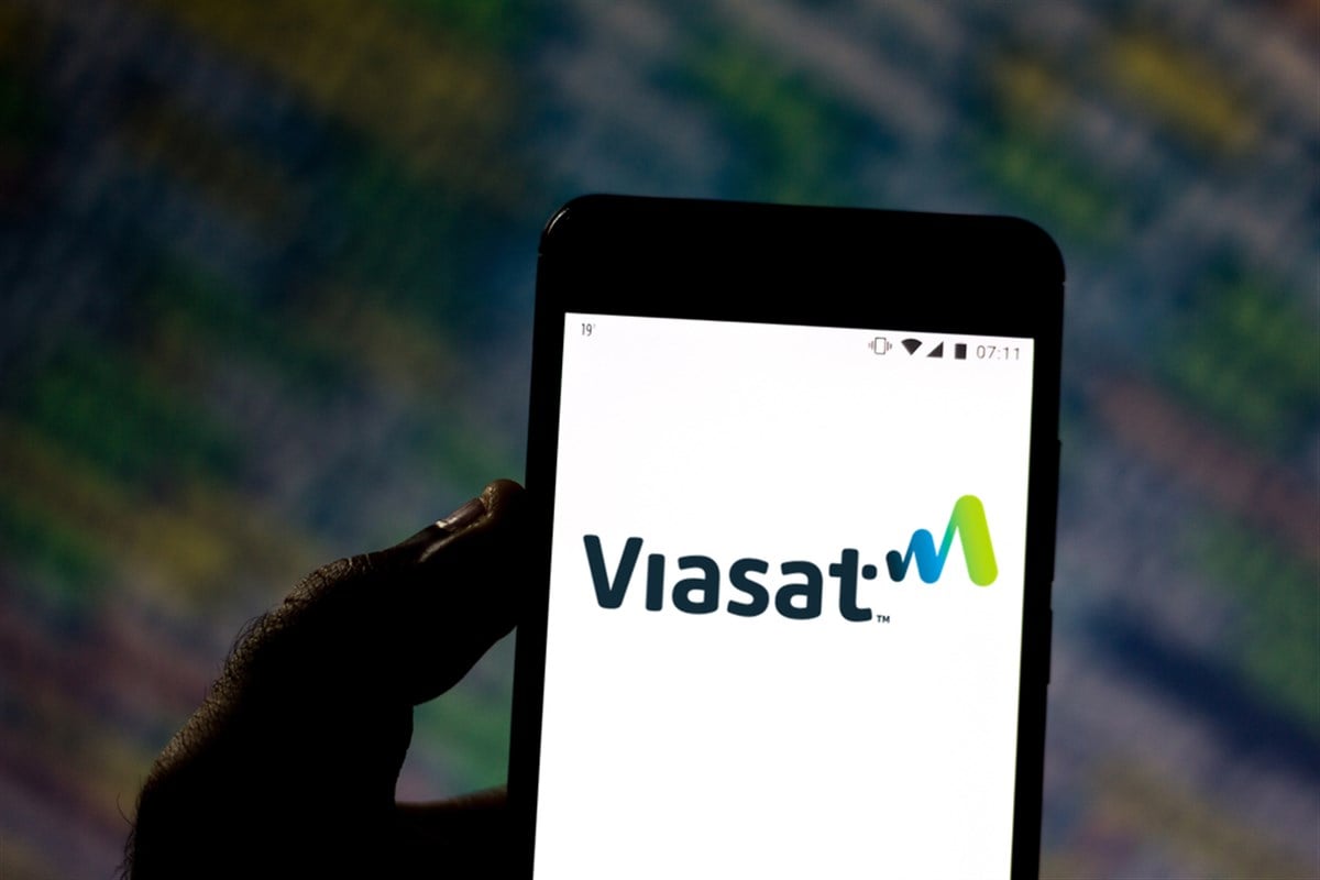 August 19, 2019, Brazil. In this photo illustration the ViaSat logo is displayed on a smartphone - Stock Editorial Photography