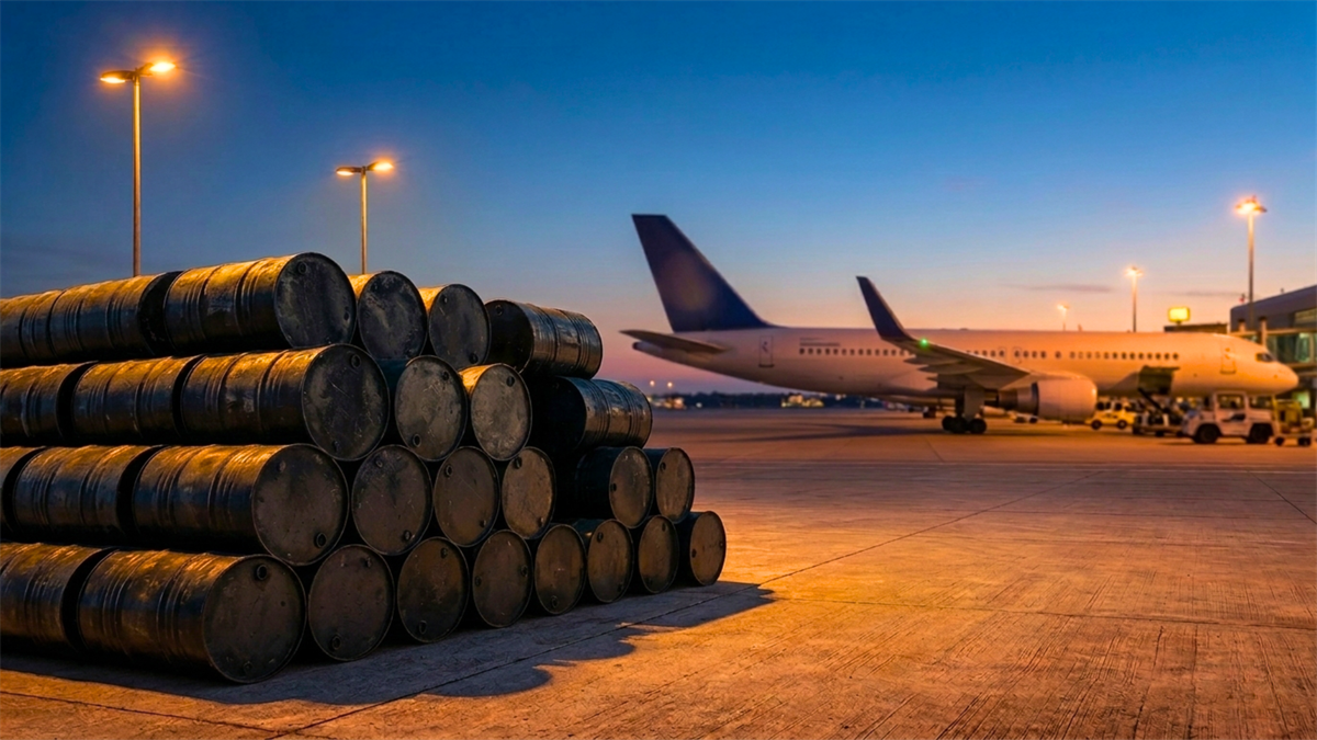 Stacked oil barrels on airport tarmac beside airplane at dusk. 