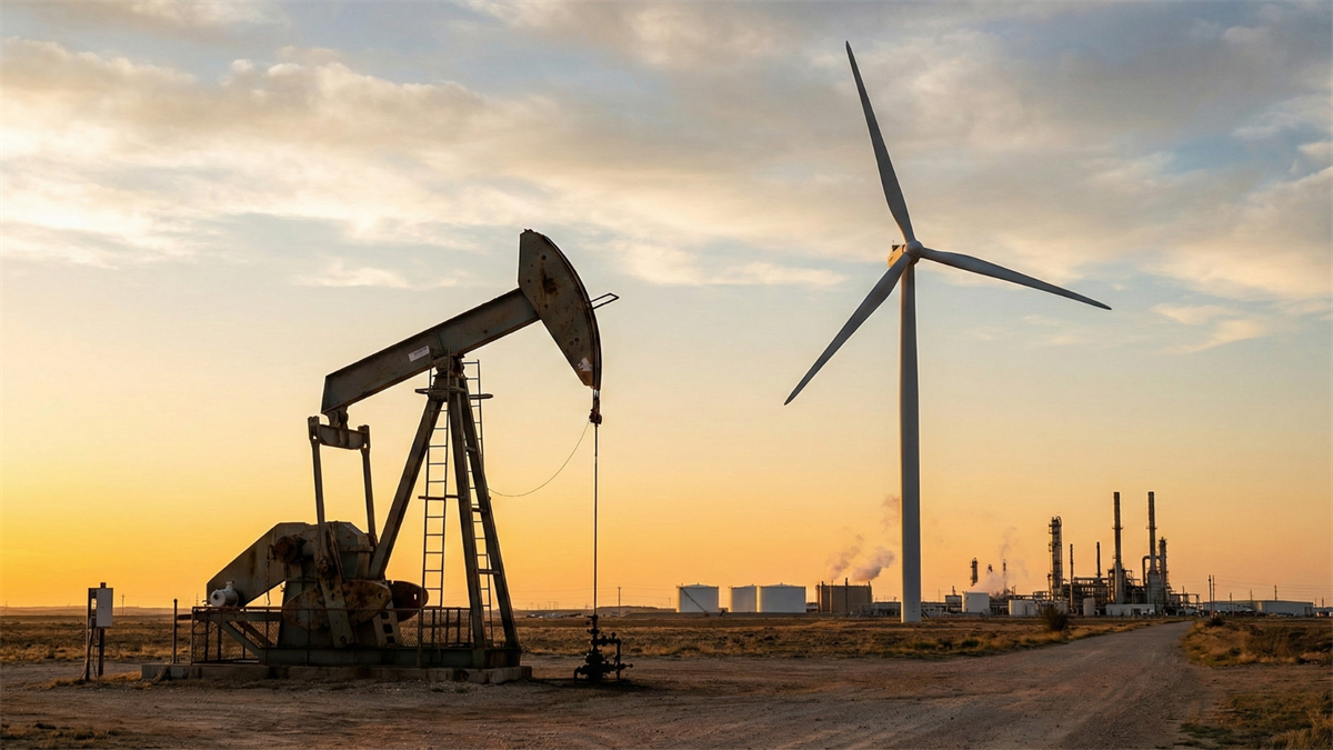 Oil pumpjack beside a wind turbine at sunset, with a refinery and storage tanks in the background.