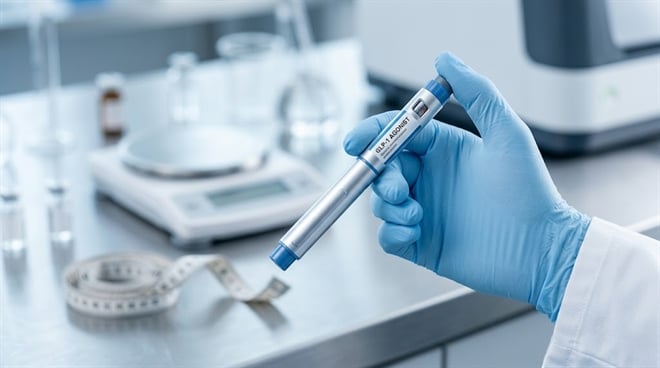 A gloved hand holds a GLP-1 agonist injection pen in a laboratory setting.