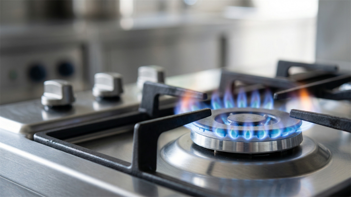 Blue natural gas flame on a modern stove burner, symbolizing LNG supply and energy market dynamics.
