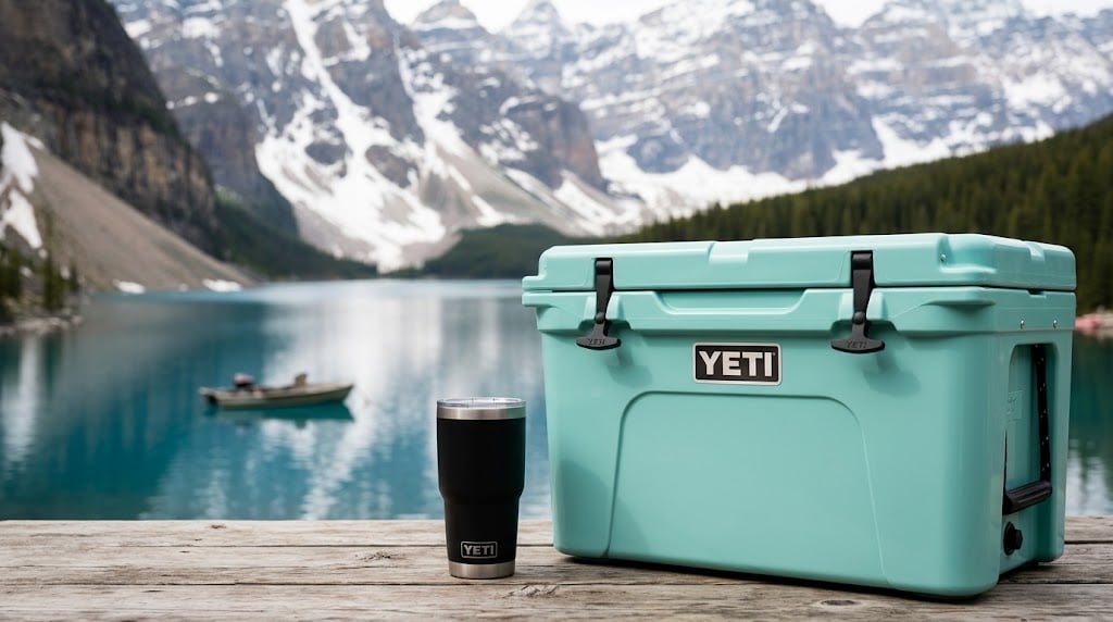 A YETI-branded seafoam cooler and black tumbler sit on a dock overlooking a mountain lake.