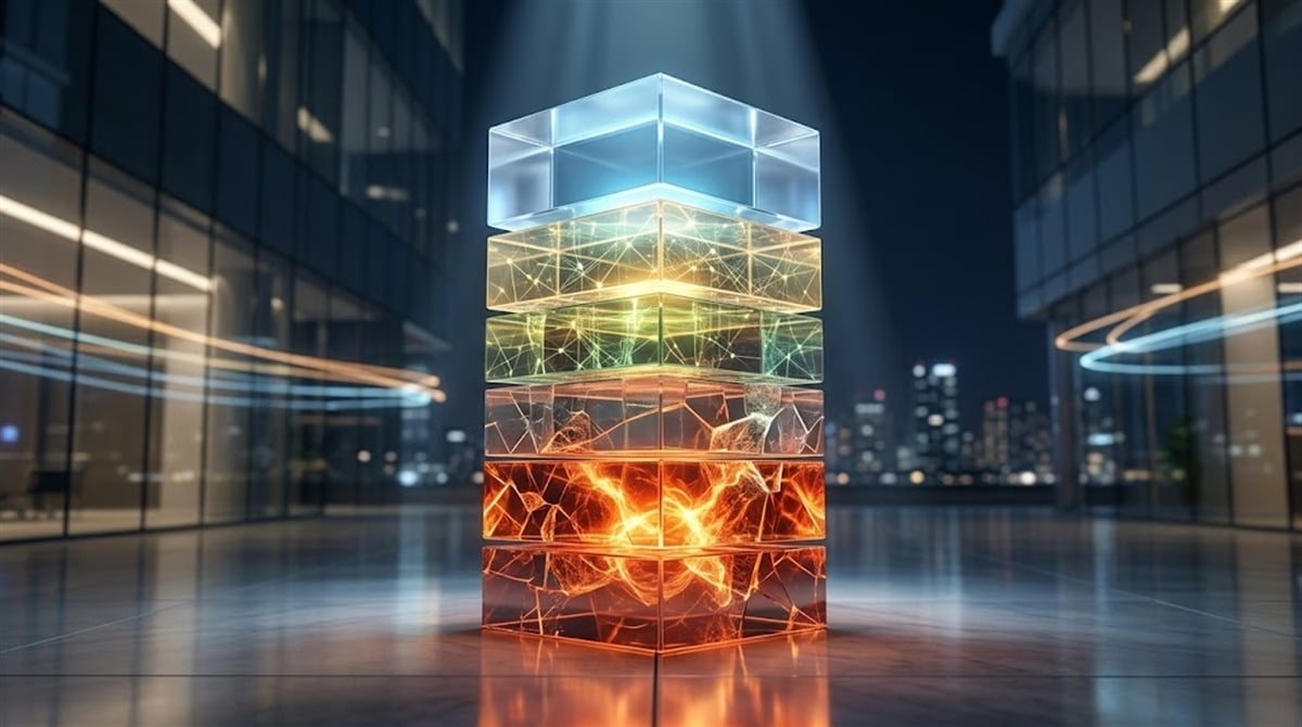 A layered, transparent glass sculpture in a sophisticated city office at night, visually illustrating the tiered risk and complexity of the capital structure we are discussing.