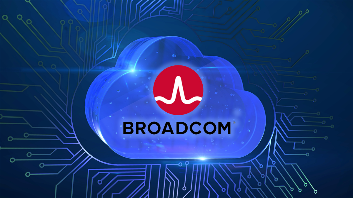 Broadcom logo over cloud and circuit backdrop highlights semiconductor and cloud infrastructure margins and cash flow focus.