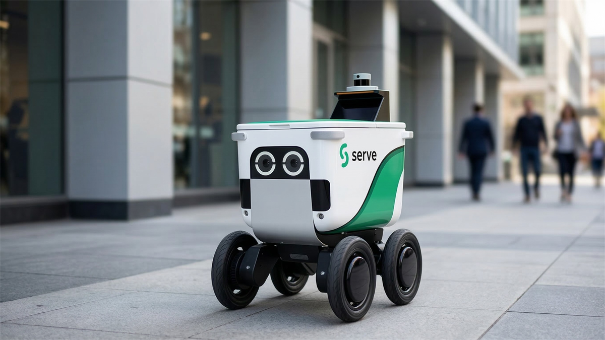 Autonomous SERV Robotics delivery robot traveling on a modern city sidewalk, illustrating the growth of delivery robotics technology.
