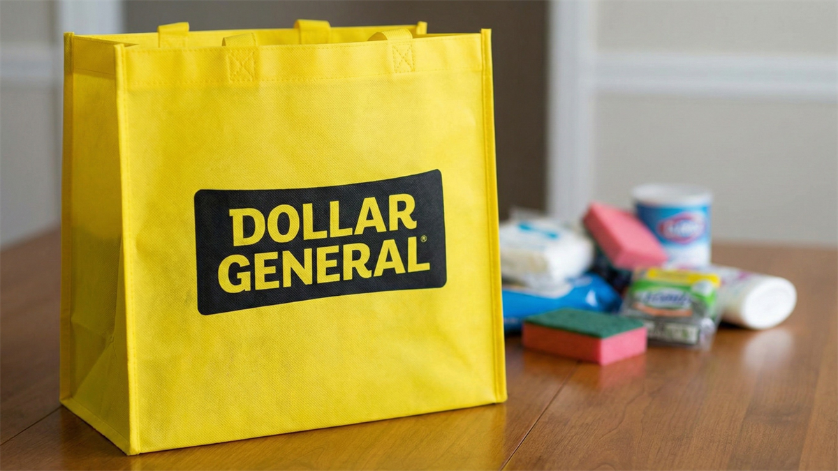 Dollar General shopping bag prominently displayed in front of a pile of consumer staples such as cleaing products, food, and tolietries.