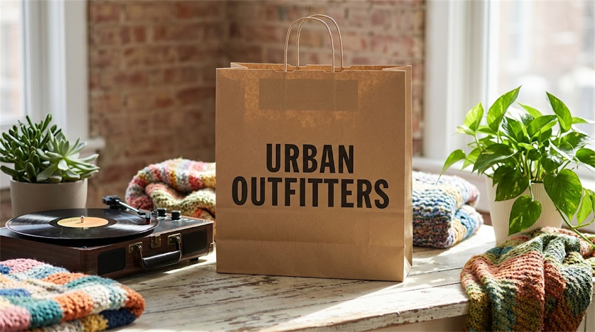 An Urban Outfitters branded paper shopping bag sits on a wooden surface beside a record player and houseplants.